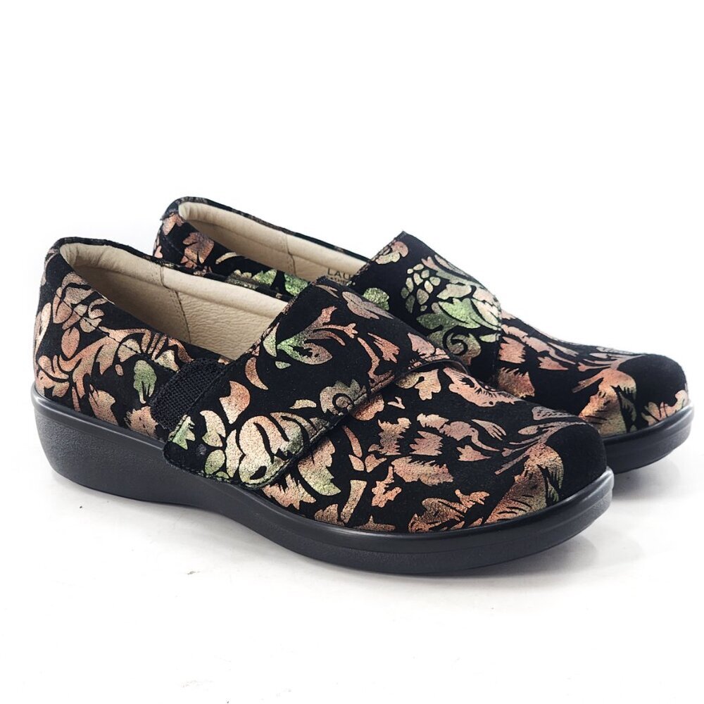 ALEGRIA Lauryn Metallic Floral Suede Slip On Shoes‎
